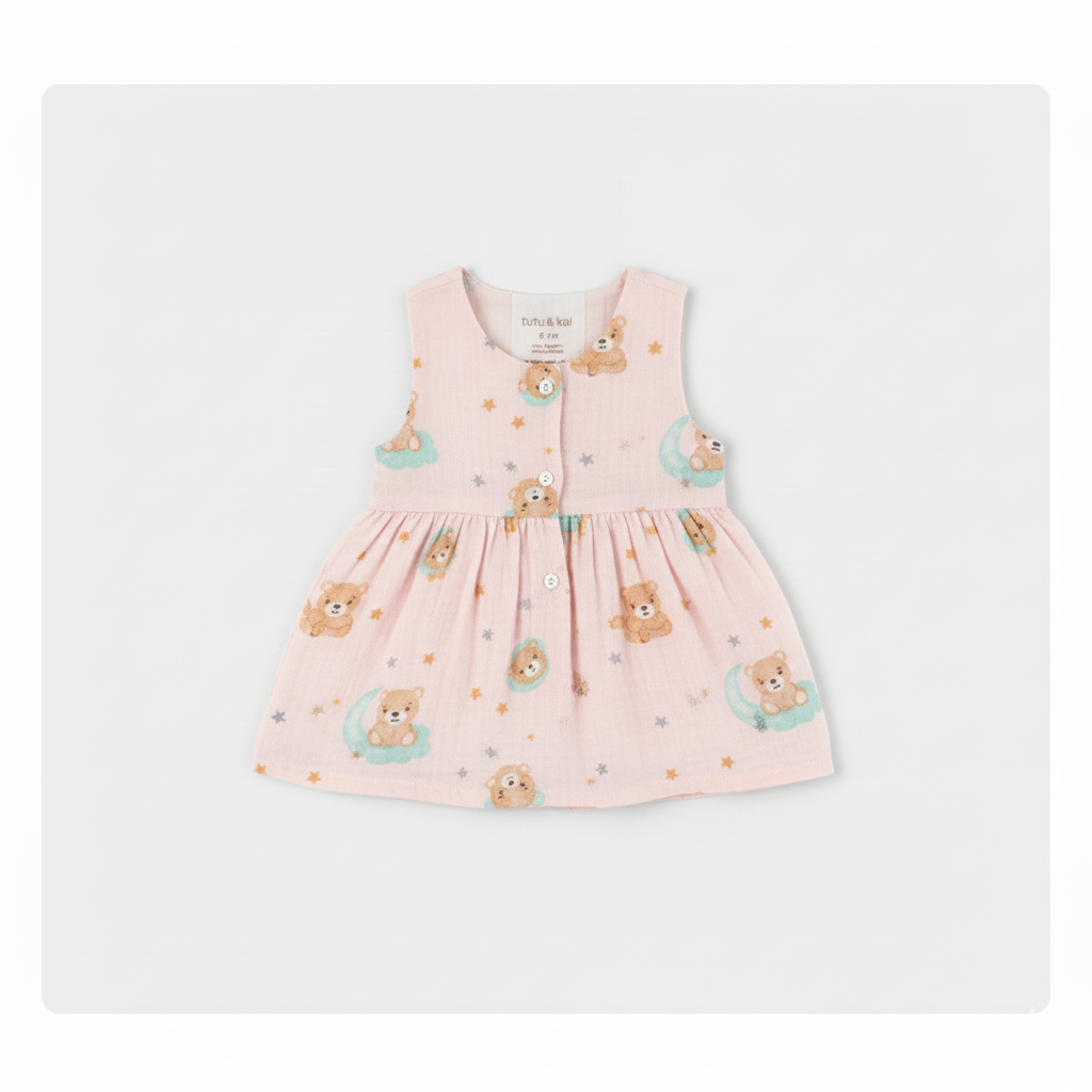 Pink teddy - Crinkled Organic Muslin cotton Frock 6-12M