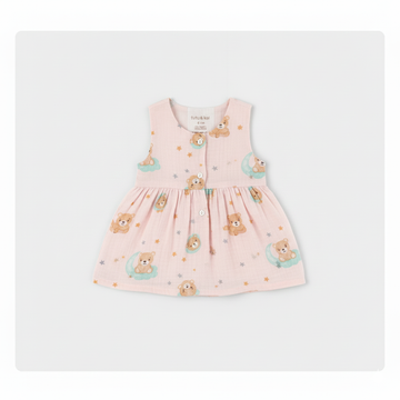 Pink teddy - Crinkled Organic Muslin cotton Frock 6-12M